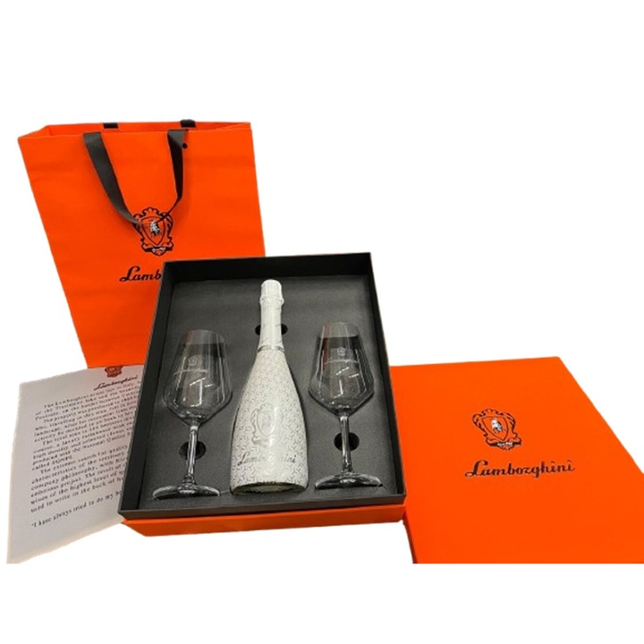 Пенливо вино Lamborghini Ice, Брут, 750мл, Пино Шардоне, С подаръчна кутия 2 кристални чаши