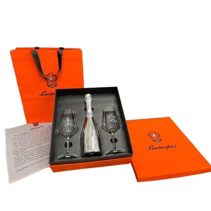 Пенливо вино Lamborghini Platinum, просеко, 750мл, Глера, С подаръчна кутия 2 кристални чаши