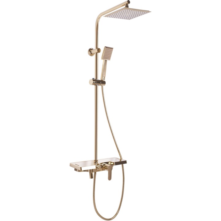 Set de dus, Rea, Bravo, finisaj auriu lucios, alama sanitara, sistem anti-calcar, para ergonomica, rezistenta la uzura, aspect luxos, instalare simpla, stralucire intensa, durabilitate extinsa