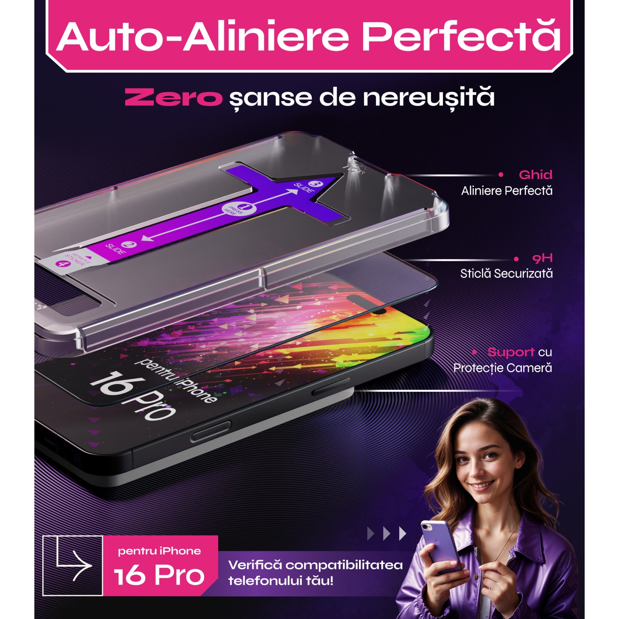 Set 2 Folii sticla pentru iPhone 16 PRO cu margini negre pentru protectie extinsa, 6.3", DefenSlim, instalare usoara si rapida cu dispozitiv de potrivire automata in 30 sec cu Easy Install Kit patentat, protectie telefon