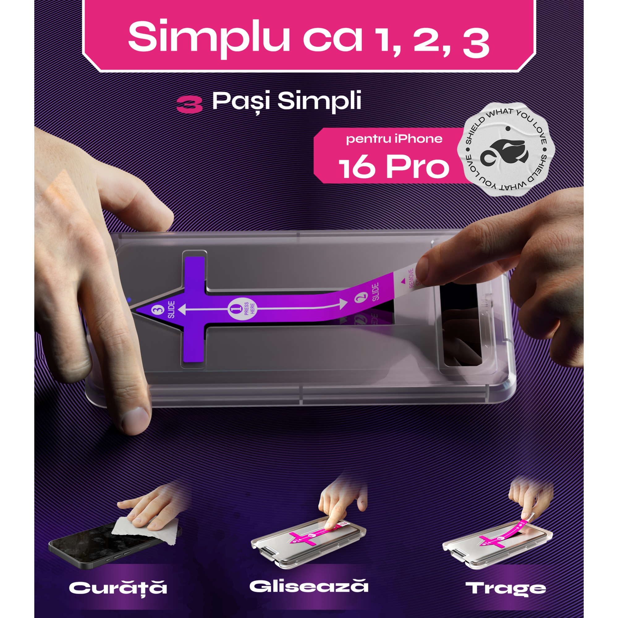 Set 2 Folii sticla pentru iPhone 16 PRO cu margini negre pentru protectie extinsa, 6.3", DefenSlim, instalare usoara si rapida cu dispozitiv de potrivire automata in 30 sec cu Easy Install Kit patentat, protectie telefon