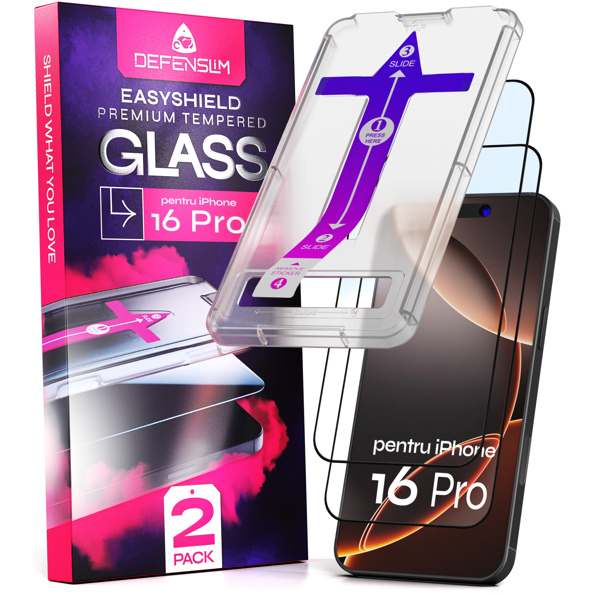 Set 2 Folii sticla pentru iPhone 16 PRO cu margini negre pentru protectie extinsa, 6.3", DefenSlim, instalare usoara si rapida cu dispozitiv de potrivire automata in 30 sec cu Easy Install Kit patentat, protectie telefon