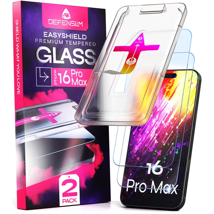Комплект от 2 стъклени фолиа, съвместими с iPhone 16 PRO MAX, 6.9", DefenSlim, лесна и бърза инсталация с автоматично монтиращо устройство за 30 секунди с патентован Easy Install Kit, защита на телефона