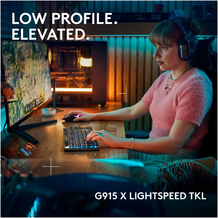 Клавиатура Gaming Logitech G915 X TKL, Clicky, LightSpeed, Low-Profile, Wireless, Черен
