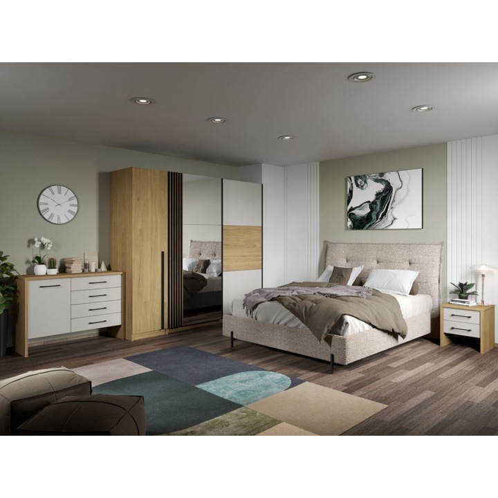 Set Mobila Dormitor, Axel tapitat, C13, Pat 160x200, 2 Noptiere, Comoda si Dulap 2.31m