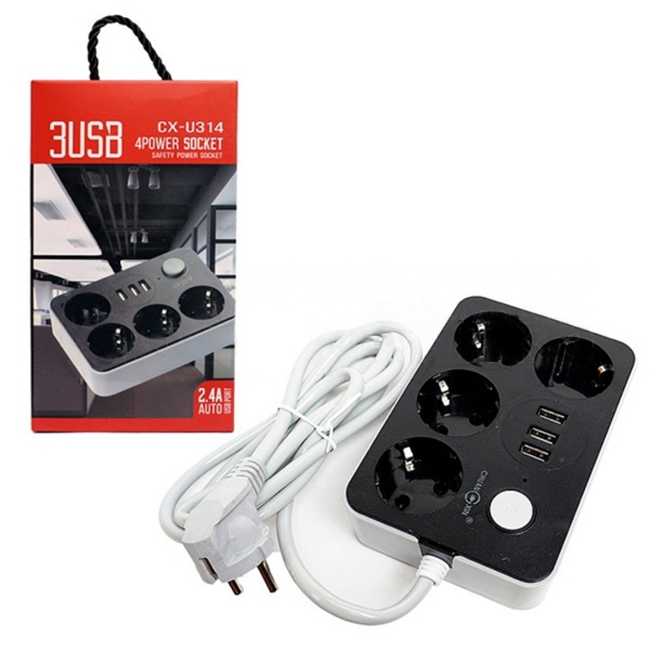 Разклонител, Kupisi, 3 USB порта, Черен