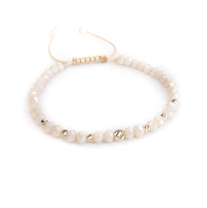 Bratara reglabila cu cristale crem, 6 bile aur 14k de 2.5 mm si una de 4mm