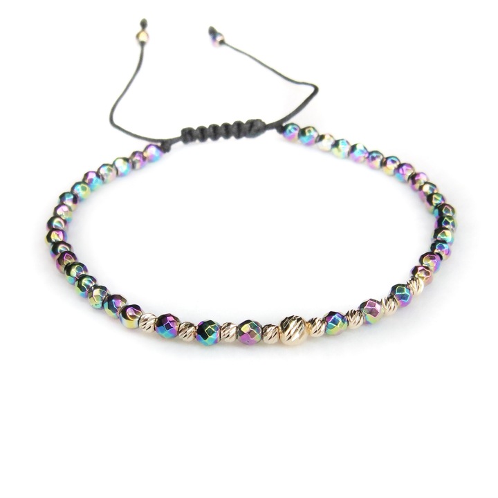 Bratara reglabila cu pietre hematit multicolor, 8 bile aur 14k de 2, 5 mm si una de 4 mm