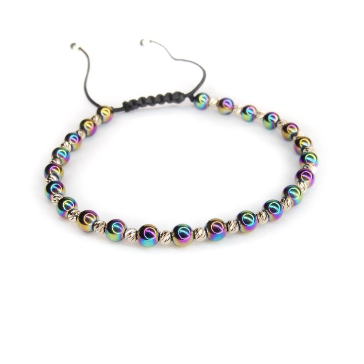 Bratara reglabila cu pietre hematit multicolor si 24 de bile aur 14k de 2, 5 mm