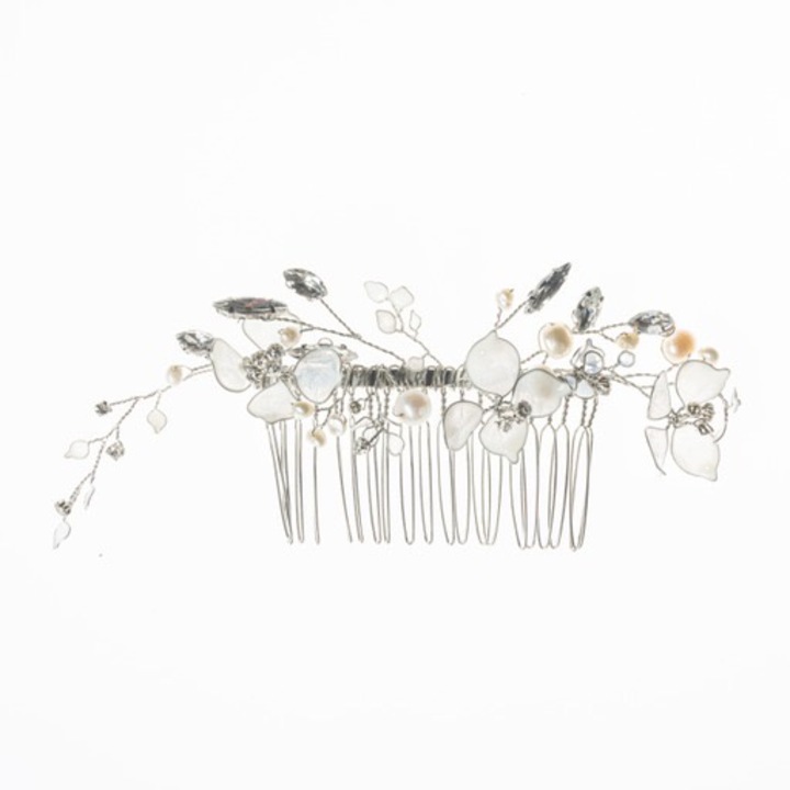 Pieptene de par cu flori AVIEL, Cristale, Argintiu/Alb