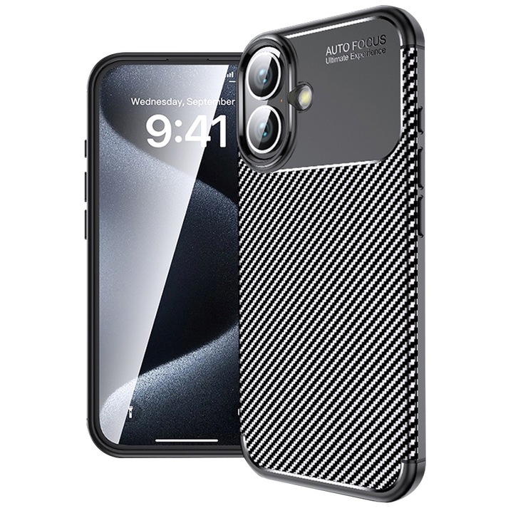 Калъф RebellionPro Carbon за Apple iPhone 16 Plus, OPTIM SOLUTION, TPU Better Premium Protection, Fibre Design, Anti-Shock Optimization, Heat Dissipation, Long Term Case, Air Cushion Tech, черен