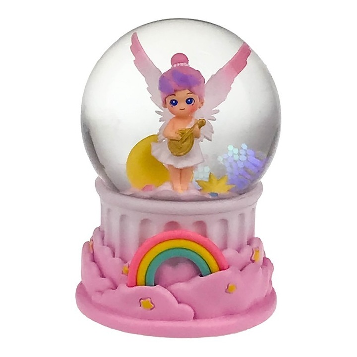 Glob din sticla cu apa si inger, pe suport din rasina, cu curcubeu, 9x13 cm roz