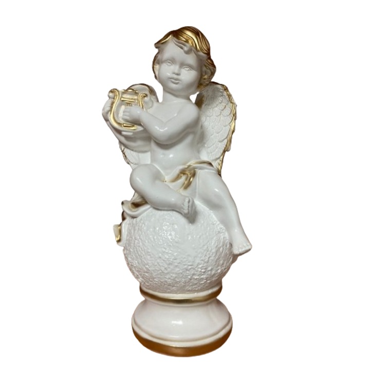 Bibelou Ingeras cu harpa in sezut din ghips alb auriu 15x11x34 cm