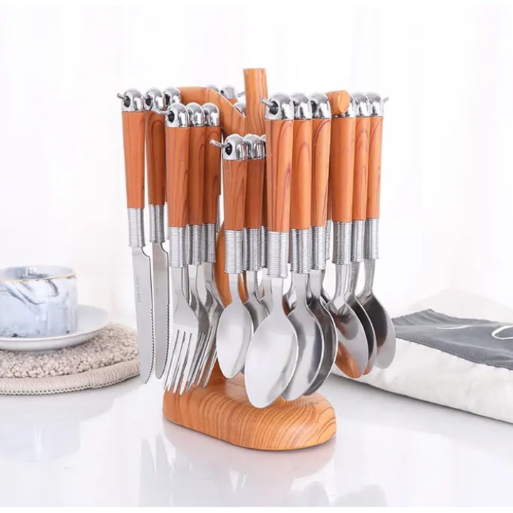 Комплект прибори от неръждаема стомана с дървена дръжка, 24 бр