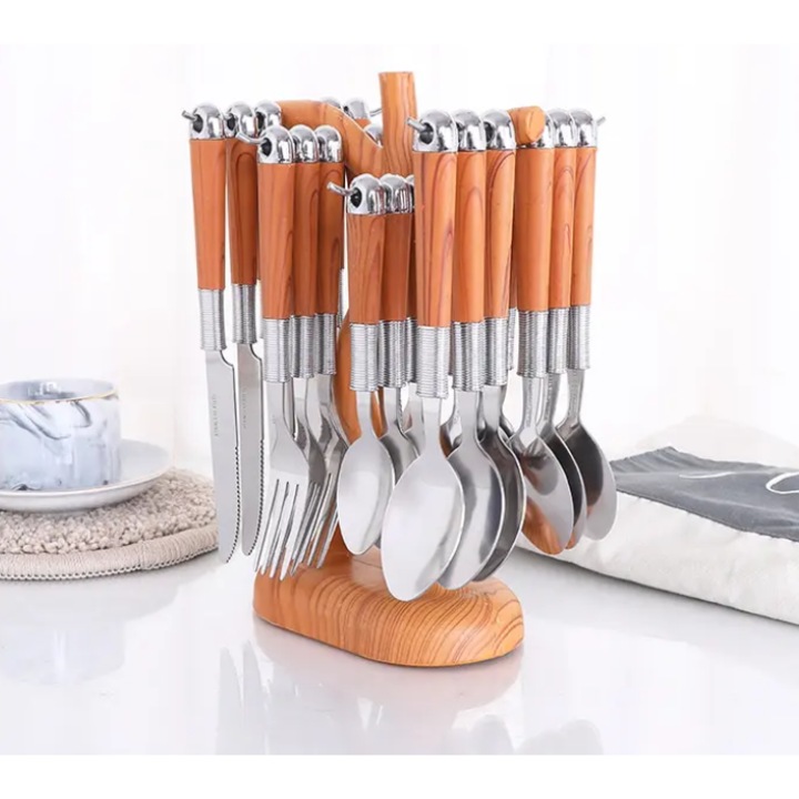 Set de tacamuri cu manere din imitatie lemn din otel inoxidabil cu suport, setul de tacamuri include cutite, furculite, linguri, lingurite mici de cafea, ustensile pentru utilizare zilnica si petrecere