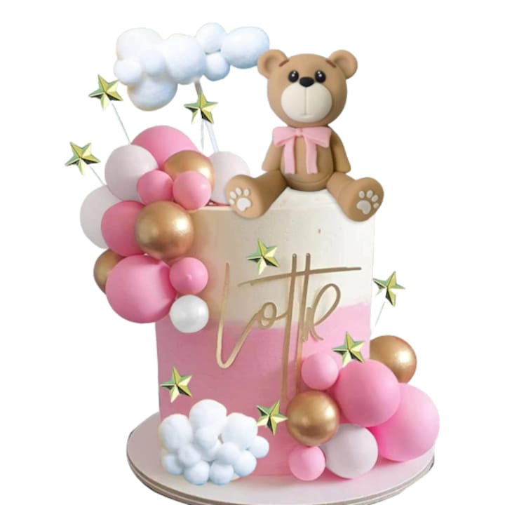 Decoratiune Tort Aniversare Ursulet, Roz Auriu Alb
