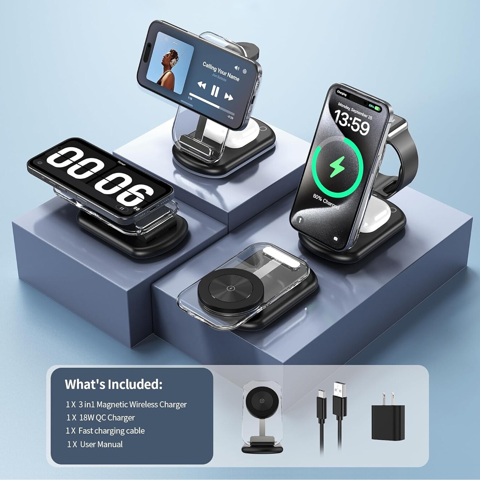 Jfyu Incarcator Wireless JFYU Statie de incarcare 3 in 1, Incarcator ...