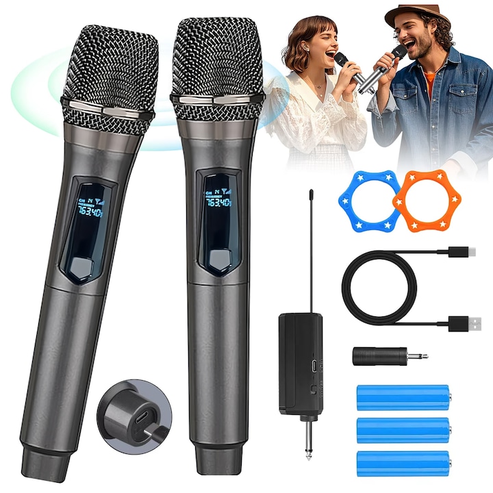Set 2 Microfoane Wireless, JFYU, Handheld Microfon fara fir dynamic, Poate fi reincarcat, Plug and play, Afisaj LED, Reducerea zgomotului, Cablu usb, Inel anti-alunecare, Adaptor tip Jack, Plastic, Pentru karaoke acasa, Intalnire, Cu receptor, Gri