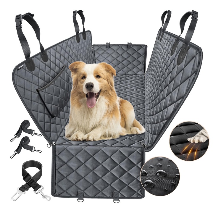 Husa scaune auto protectie si transport animale JFYU, Husa Auto Profesionala protectie si transport animale potrivita la orice tip de masina previne zgarieturile si alunecarea cainilor sau pisicilor, Antialunecare, Impermeabila, 137x147 cm, Neagra