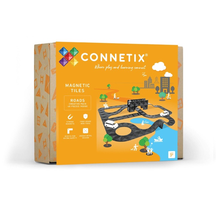 Set de constructie magnetic, Roads Creative Pack, Connetix Tiles, 48 piese, 3 ani+