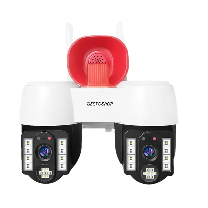 Camera de supraveghere dubla performanta, doua camere in una, potrvitita atat pentru exterior/interior, WIFI, rotire orizontala de 355° si verticala de 90°, waterproof, vedere nocturna, senzor de miscare, retea 4M, zoom optic x10, aplicatie model V380pro