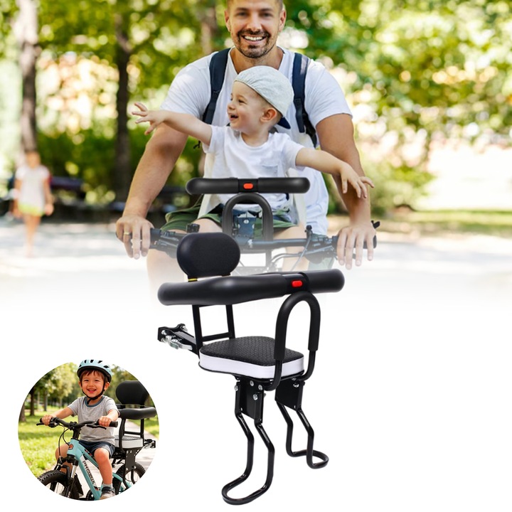 Scaun Bicicleta Copii JFYU, Scaun de copil pentru bicicleta cu Prindere Frontala, Bara de Protectie, Pedale Reglabile, Sarcina maxima 80 kg, Alb