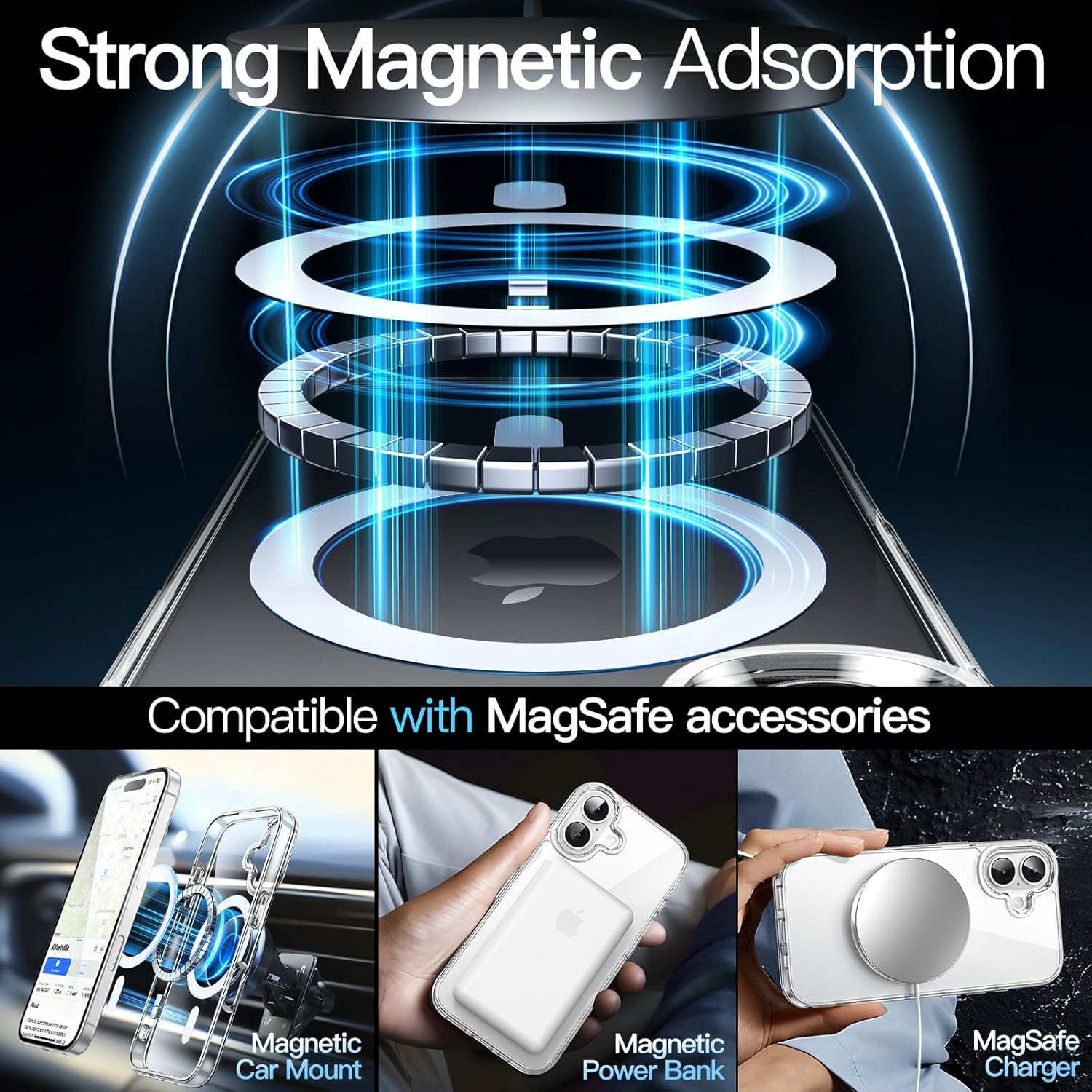 Set 2 piese: Husa transparenta MagSafe + PopSockets magnetic alb pentru iPhone 16 - TPU Magnetic Case, Design subtire, Compatibil cu incarcare wireless, Transparent-alb