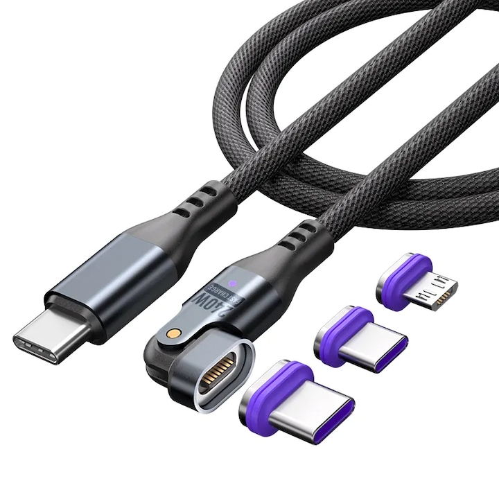 USB-C кабел за зареждане, 240W магнитен 16 пинов 180 градуса, 3 в 1 тип Lightning, USB-C, Micro USB, супер бързо зареждане, PD мощност 48V 5A, RiKbo®, 2 метра