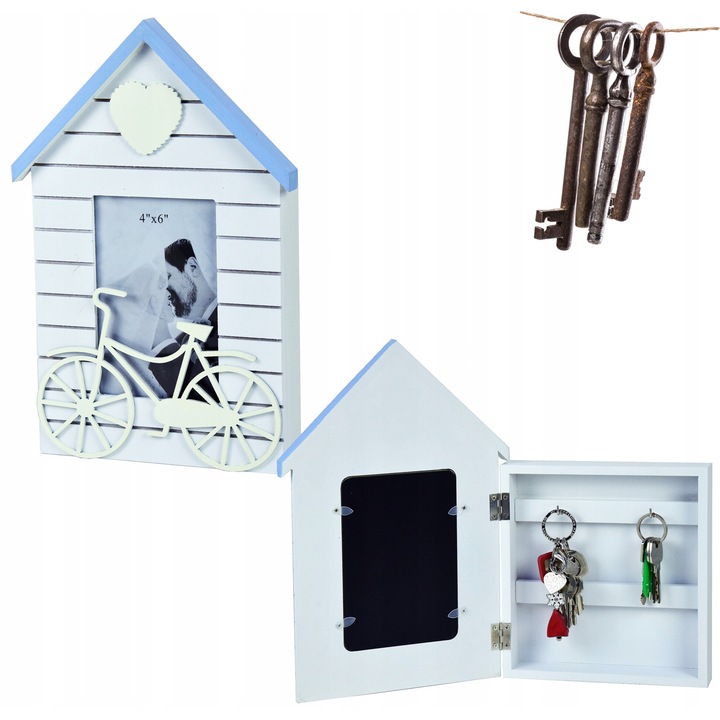 Cutie din lemn pentru depozitare chei, in forma de casa, 4 agatatori, 5x20x30 cm, Gigant