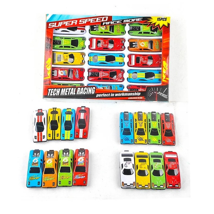 Комплект от 15 интерактивни метални състезателни колички, супер бърз модел за деца, 17x24 см многоцветен, Dalimag