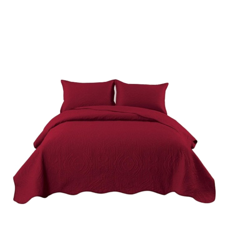 Cuvertura de pat dublu, Uni, Bumbac Satinat, 3 piese, 2 persoane, 220x240cm, Bordo