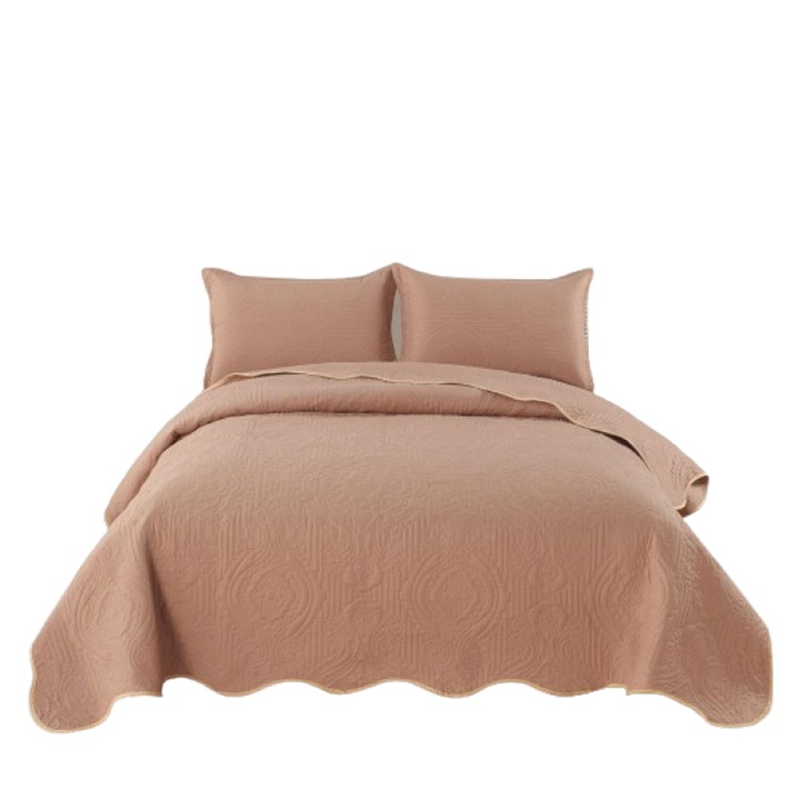 Cuvertura de pat dublu, Uni, Bumbac Satinat, 3 piese, 2 persoane, 220x240cm, Cafea cu Lapte