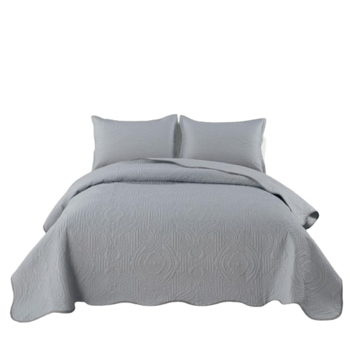 Cuvertura de pat dublu, Uni, Bumbac Satinat, 3 piese, 2 persoane, 220x240cm, Gri Deschis