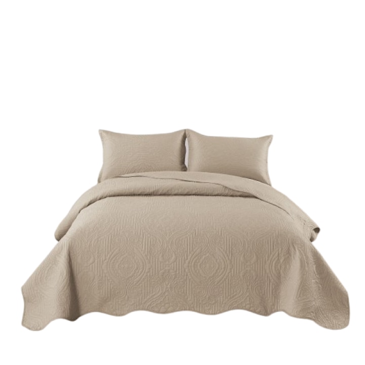 Cuvertura de pat dublu, Uni, Bumbac Satinat, 3 piese, 2 persoane, 220x240cm, Crem