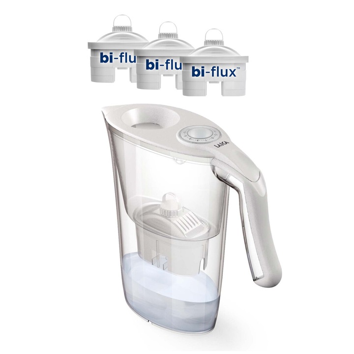 Cana filtranta de apa Laica Norma, 2.3L, + 3 cartuse filtrante Bi-flux Universal, alb