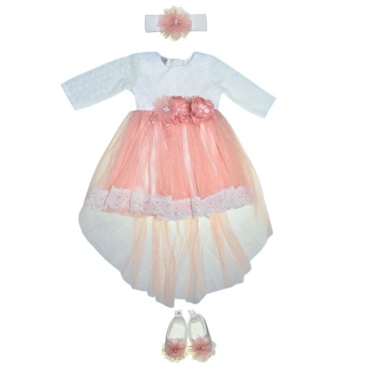 3 részes ruha szett, fejpánt, csizma lányoknak, Mini Junior SET-1234, korall színű, 56-62 cm