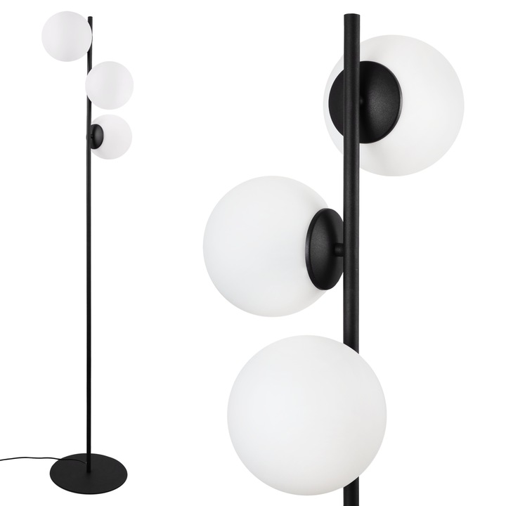 Lampa de podea, LightHome, Siena, E14, 230V, 60W, Alimentareade la retea, are un comutator on/off, 3 puncte de lumina, 34cm, 15 x 15 cm, Clasa A, Sticla/Metal, Forma sferica, Alb/Negru