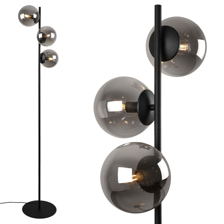 Lampa de podea, LightHome, Siena, E14, 230V, 60W, Alimentareade la retea, are un comutator on/off, 3 puncte de lumina, 34cm, 15 x 15 cm, Clasa A, Sticla/Metal, Forma sferica, Grafit/Negru