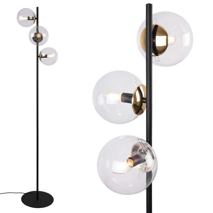Lampa de podea, LightHome, Siena, E14, 230V, 60W, Alimentareade la retea, are un comutator on/off, 3 puncte de lumina, 34cm, 15 x 15 cm, Clasa A, Sticla/Metal, Forma sferica, Transparent/Auriu/Negru
