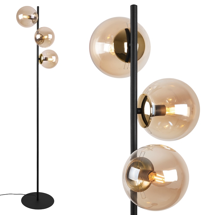 Lampa de podea, LightHome, Siena, E14, 230V, 60W, Alimentareade la retea, are un comutator on/off, 3 puncte de lumina, 34cm, 15 x 15 cm, Clasa A, Sticla/Metal, Forma sferica, Miere/Auriu/Negru