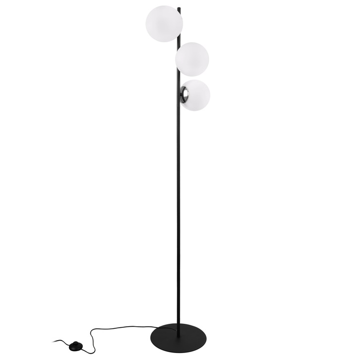 Lampa de podea, LightHome, Siena, E14, 230V, 60W, Alimentareade la retea, are un comutator on/off, 3 puncte de lumina, 34cm, 15 x 15 cm, Clasa A, Sticla/Metal, Forma sferica, Alb/Crom/Negru
