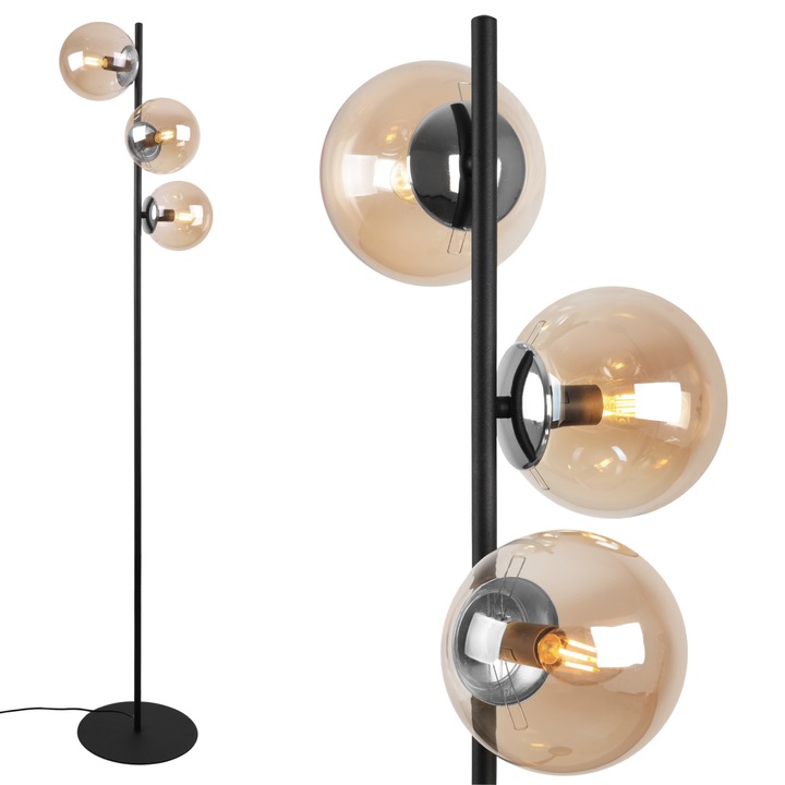 Lampa de podea, LightHome, Siena, E14, 230V, 60W, Alimentareade la retea, are un comutator on/off, 3 puncte de lumina, 34cm, 15 x 15 cm, Clasa A, Sticla/Metal, Forma sferica, Miere/Crom/Negru