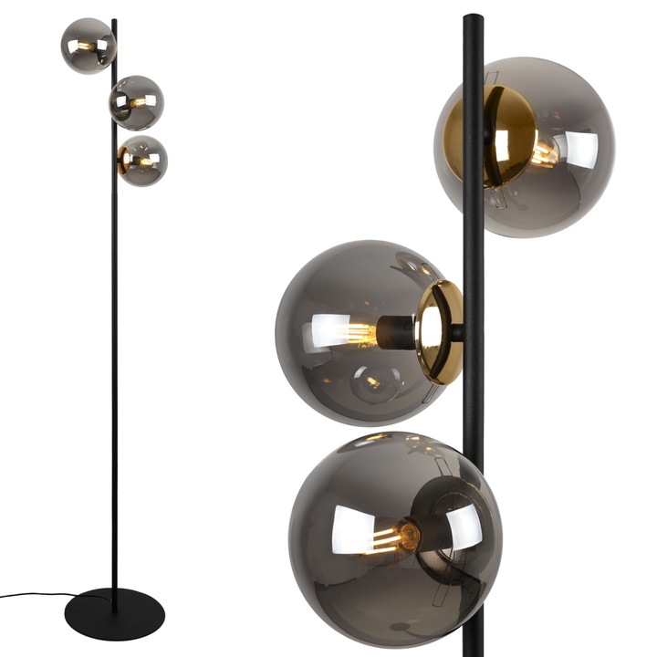 Lampa de podea, LightHome, Siena, E14, 230V, 60W, Alimentareade la retea, are un comutator on/off, 3 puncte de lumina, 34cm, 15 x 15 cm, Clasa A, Sticla/Metal, Forma sferica, Grafit/Auriu/Negru