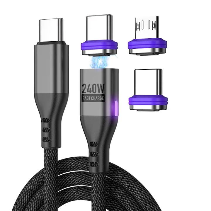 USB-C töltőkábel, 240 W-os mágneses 16 tűs 3 az 1-ben típusú Lightning, USB-C, Micro USB, szupergyors töltés, PD táp 48V 5A, RiKbo®, 1,8 méter