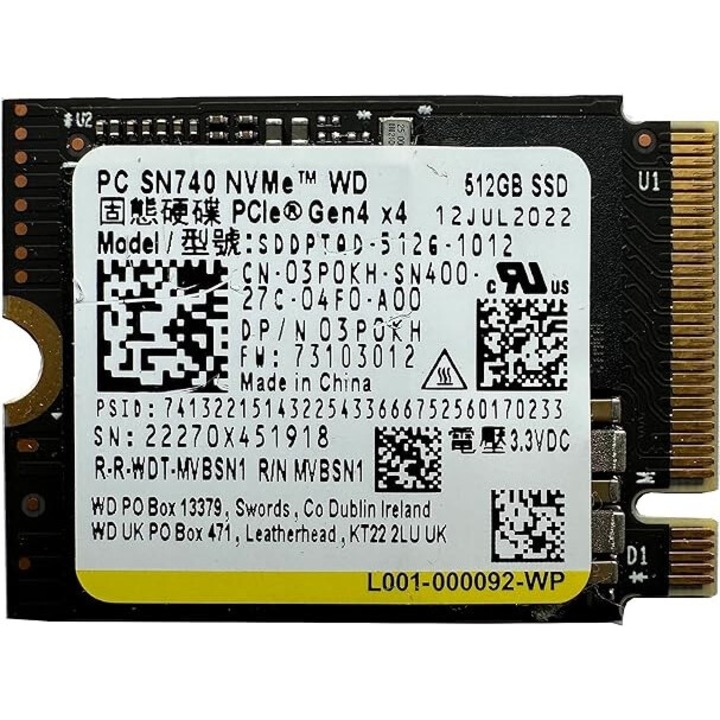 Solid-State Drive SSD 512GB WD SN740 M.2 2230 30mm NVMe PCIe 4.0 Gen 4, четене 5000Mbps, запис 4000Mbps