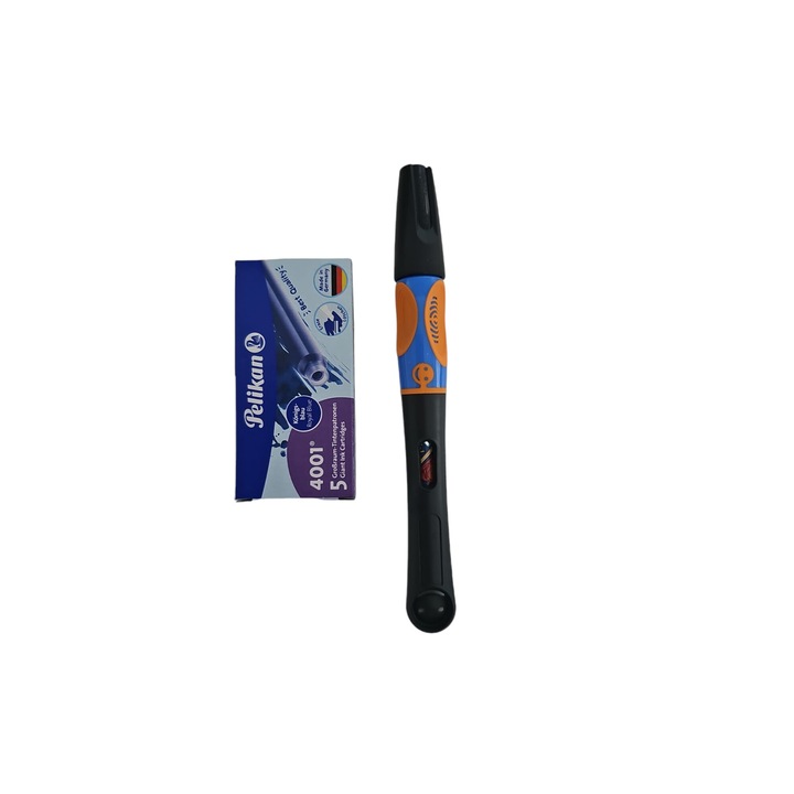 Set Stilou incepatori Pelikan Griffix Neon Black + 1 set de 5 rezerve lungi cerneala albastra