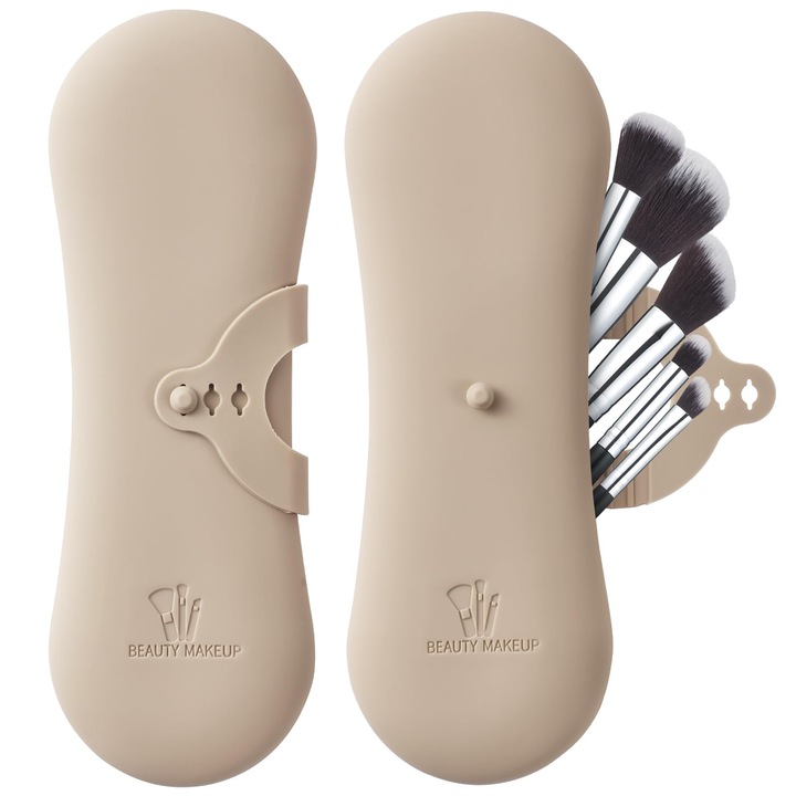 Organizator pensule machiaj pentru calatorii, din silicon anti-cadere, portabil, elegant, portfard pentru cosmetice, 22x7.5x2.5 cm, Nude