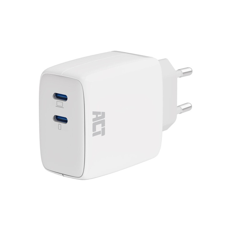 ACT (AC2165) hálózati USB-C töltő 65W-os 2 USB-C kimenet Power Delivery PPS-sel és GaNFasttal, telefon, tablet és notebook töltése, fehér
