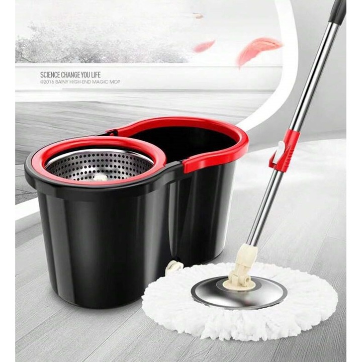 Set Mop Rotativ Premium CleanPro®, Rotire 360°, Galeata cu storcator 14L, Mop rotativ 360 Design Modern By DBR, Negru 14L
