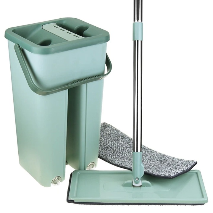 Mop plat cu galeata dubla, functie de spalare, clatire si stoarcere, laveta din microfibra, coada telescopica din 3 piese 119 cm